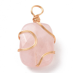 Rose Quartz Natural Rose Quartz Rectangle Pendants, with Golden Copper Wire Wrapped Findings,, Long-Lasting Plated, 22.5~23x12.5~13x7~8mm, Hole: 3~3.5mm