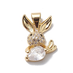 Clear Rack Plating Brass Cubic Zirconia Charms, Long-Lasting Plated, Cadmium Free & Lead Free, Real 18K Gold Plated, Rabbit with Carrot Charm, Clear, 18x13x4mm, Hole: 3x5mm