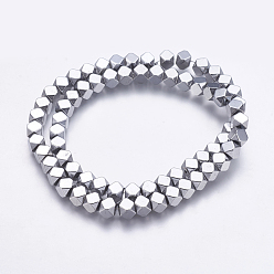 Platinum Plated Electroplate Non-magnetic Synthetic Hematite Bead Strands, Faceted, Square, Platinum Plated, 6x6x6mm, Hole: 1mm, about 70pcs/strand, 15.8 inch