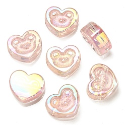 Pink Cuentas de acrílico iridiscente arcoíris chapadas en uv, con polvo del brillo, corazón con patrón de oso, rosa, 17.5x20x9 mm, agujero: 3.5 mm