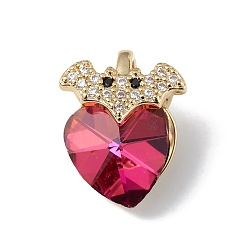 Cerise Real 18K Gold Plated Rack Plating Brass Micro Pave Clear Cubic Zirconia Pendants, with Glass, Long-Lasting Plated, Cadmium Free & Lead Free, Bat with Heart Charm, Cerise, 18x14x9.5mm, Hole: 5x3mm