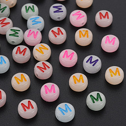 Letter M Acrylic Beads, Glow in the Dark, with Enamel and Luminous, Horizontal Hole, Flat Round with Alphabet, Letter.M, 6.5x7x4mm, Hole: 1.6mm, about 3600pcs/500g