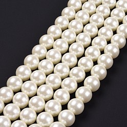 Creamy White Eco-Friendly Glass Pearl Beads Strands, Grade A, Round, Dyed, Cotton Cord Threaded, Creamy White, 14mm, Hole: 1.2~1.5mm, about 30pcs/strand, 15.7 inch