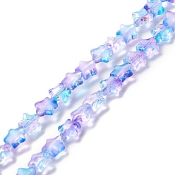 Lila Perlas de vidrio transparentes, con polvo del brillo, estrella, lila, 7.5~8x8.3x4 mm, agujero: 0.7~1 mm, sobre 50 unidades / cadena, 14.72~14.92 pulgada (37.4~37.9 cm)