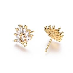 Golden Brass Cubic Zirconia Stud Earring Findings, with Loop, Flower, Clear, Golden, 12x11.5x2.5mm, Hole: 1mm, Pin: 0.8mm