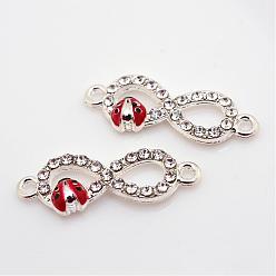 Silver Alloy Rhinestone Links connectors, Enamel Ladybird, Infinity, Silver Color Plated, 10x27.5x4mm, Hole: 1.5mm