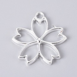 Silver Alloy Open Back Bezel Pendants, For DIY UV Resin, Epoxy Resin, Pressed Flower Jewelry, Sakura, Silver Color Plated, 27x25.5x2mm, Hole: 2mm
