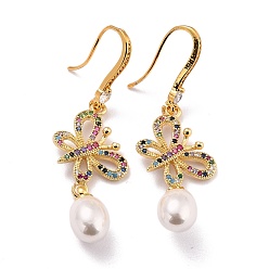 Colorful Butterfly with Imitation Pearl Beads Sparkling Cubic Zirconia Dangle Earrings for Her, Real 18K Gold Plated Brass Earrings, Colorful, 53mm, Pin: 0.8mm