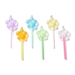 Flower Luminous Transparent Resin Big Pendants, Glitter Lollipop Charms, Glow in Dark, with Platinum Tone Iron Loops, Mixed Color, Flower, 67x24x9mm, Hole: 2mm