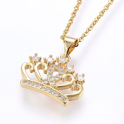 Golden 304 Stainless Steel Pendant Necklaces, with Cubic Zirconia, Crown, Golden, 18.11 inch(46cm), Pendant: 15x18x3.5mm