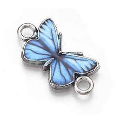 Cornflower Blue Printed Alloy Connector Charms, with Enamel, Butterfly Link, Cadmium Free & Lead Free, Platinum, Cornflower Blue, 12x23x2mm, Hole: 2.5mm