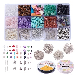 Mixed Material DIY Jewelry Set Making, with Gemstone Chip Beads, Freshwater Shell Chips Beads, Tibetan Style Alloy Findings, Brass Jump Ring & Earring Hook, Iron Eye Pin & Head Pin, Elastic Crystal Thread, 17.4x10x2.15cm