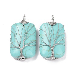 Synthetic Turquoise Synthetic Turquoise Dyed Copper Wire Wrapped Pendants, Rectangle with Tree of Life Charms, Platinum, 46~49x25~27x10~12mm, Hole: 8x9mm