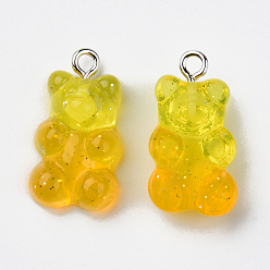 Yellow Transparent Resin Pendants, with Glitter Powder and Platinum Tone Iron Loop, Bear, Yellow, 21x11x7mm, Hole: 1.8mm
