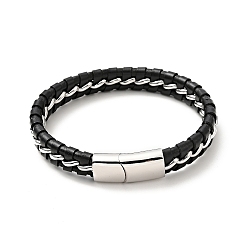Stainless Steel Color Leather & 304 Stainless Steel Braided Cord Bracelet with Magnetic Clasp for Men Women, Stainless Steel Color, 8-7/8 inch(22.6cm)