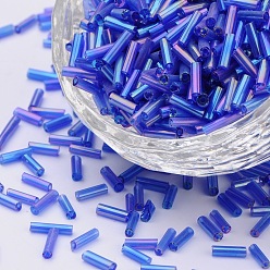 Bleu Transparentes perles de bugle de verre de couleurs arc-en-, couleur ab , bleu, 6x1.8mm, Trou: 0.6mm