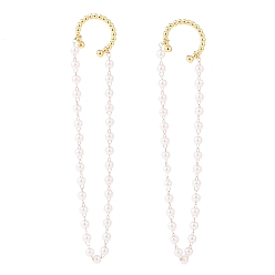 Blanco Pendientes de bronce de puño, con cadenas de cuentas de latón y perlas de imitación de plástico abs, dorado, blanco, 85 mm, pin: 1 mm