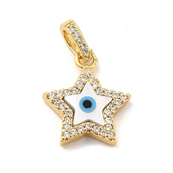 Star Brass Micro Pave Cubic Zirconia Pendants, with Cellulose Acetate(Resin) Evil Eye, Golden, Star, 17x14.5x3mm, Hole: 5x3.5mm