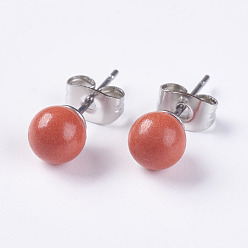 Tomato Natural Dyed Jade Ball Stud Earrings, with 304 Stainless Steel Findings, Tomato, 16.5x6mm, Pin: about 0.6mm