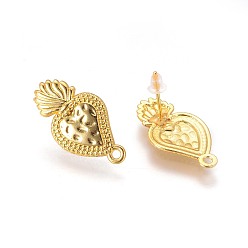 Golden Brass Stud Earring Findings, with Plastic Ear Nuts and Loop, Long-Lasting Plated, Strawberry, Golden, 25x13x1.5mm, Hole: 1.6mm, Pin: 0.7mm