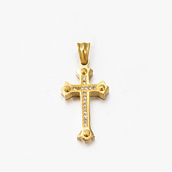 Real 18K Gold Plated 304 Stainless Steel Rhinestone Cross Pendants, Real 18K Gold Plated, 28x15x3.5~4mm, Hole: 5~10x5~5.5mm