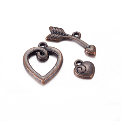 Red Copper Tibetan Style Alloy Toggle Clasps, Cadmium Free & Nickel Free & Lead Free, Heart, Red Copper, 20x15.5mm, Hole: 1.5mm, Bar: 23mm
