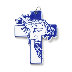 Bleu Moyen  Pendentifs acryliques imprimés en relief, avec anneau de saut en fer, croix avec motif homme, bleu moyen, 40.5x30.5x2.5mm, Trou: 5mm