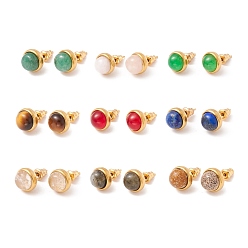 Mixed Stone Natural Gemstone Half Round Stud Earrings, Real 18K Gold Plated 304 Stainless Steel Jewelry for Women, 10mm, Pin: 0.8mm