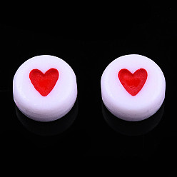 Red Opaque Acrylic Beads, with Enamel, Flat Round with Heart, Red, 7x3.5mm, Hole: 1.2mm, about 3600~3700pcs/500g