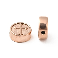 Rose Gold Ion Plating(IP) 304 Stainless Steel Beads, Flat Round with Cross, Rose Gold, 10.5x4.5mm, Hole: 1.6mm