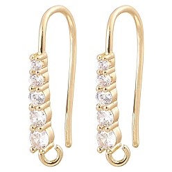Real 18K Gold Plated Brass Micro Pave Clear Cubic Zirconia Earring Hooks, Ear Wire, with Horizontal Loops, Real 18K Gold Plated, 17x9x2.5mm, Hole: 1.8mm, 20 Gauge, Pin: 0.8mm