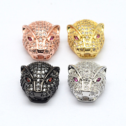 Mixed Color CZ Brass Micro Pave AAA Cubic Zirconia 3D Leopard Head Beads, Lead Free & Nickel Free & Cadmium Free, Mixed Color, 14x13x9mm, Hole: 3x2mm