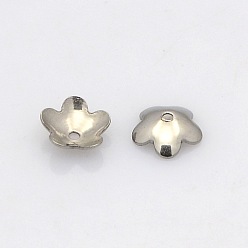 Stainless Steel Color 5-Petal 201 Stainless Steel Flower Bead Caps, Stainless Steel Color, 6x2mm, Hole: 0.7mm