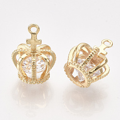 Real 18K Gold Plated Brass Cubic Zirconia Pendants, Crown, Clear, Real 18K Gold Plated, 15x11x11mm, Hole: 1mm
