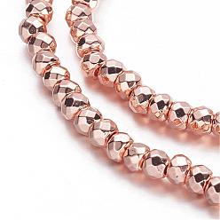 Rose Gold Plated Electroplate Non-magnetic Synthetic Hematite Beads Strands, Faceted, Rondelle, Rose Gold Plated, 3x2mm, Hole: 1mm, about 184pcs/strand, 15.7 inch