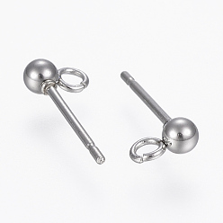 Stainless Steel Color 304 Stainless Steel Ball Stud Earring Post, Earring Findings, with Loop, Round, Stainless Steel Color, 14x3mm, Hole: 2mm, Pin: 0.8mm, Round: 3mm