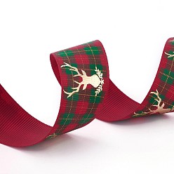 Dark Red Polyester Grosgrain Ribbon for Christmas Reindeer/Stag, Dark Red, 25mm, about 100yards/roll