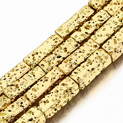 Golden Plated Electroplated Natural Lava Rock Beads Strands, Cuboid, Bumpy, Golden Plated, 12.5x4x4mm, Hole: 1mm, about 32pcs/strand, 15.75 inch(40cm)