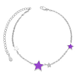 Purple SHEGRACE 925 Sterling Silver Link Anklets, with Grade AAA Cubic Zirconia and Epoxy Resin, Star, Purple, 8-1/4 inch(21cm)