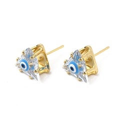 Deep Sky Blue Triangle Glass with Enamel Evil Eye Stud Earrings, Real 18K Gold Plated Brass Jewelry for Women, Deep Sky Blue, 10.5x10.5mm, Pin: 0.7mm