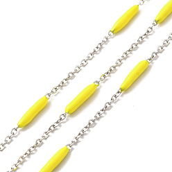 Yellow Enamel Column Link Chains, with 304 Stainless Steel Cable Chains, Unwelded, with Spool, Yellow, 14~17x2~3mm and 1.5x2x0.5mm, about 32.81 Feet(10m)/Roll