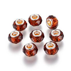 Saddle Brown Handmade Glass European Beads, Large Hole Beads, Silver Color Brass Core, Saddle Brown, 14x8mm, Hole: 5mm