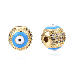 Mixed Color Brass Micro Pave Cubic Zirconia Beads, with Enamel, Real 18K Gold Plated, Round with Evil Eye, Nickel Free, Deep Sky Blue, 10mm, Hole: 2mm