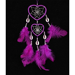 Purple Feather Pendant Decoration with Natural Shell Beaded, Woven Net/Web with Feather, Art Hanging Decors for Garden Window Party, Purple, 350~400mm