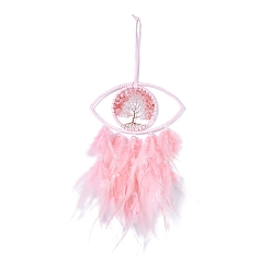 Pink Handmade Evil Eye Woven Net/Web with Feather Wall Hanging Decoration, with Plastic Beads & Synthetic Cherry Quartz Glass Chip, for Home Offices Amulet Ornament, Pink, 490mm