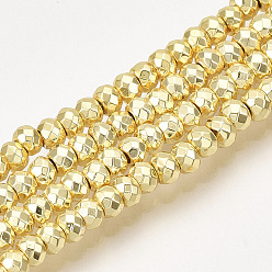 Plateado en Oro Electroplate hematites sintética hebras de perlas no magnéticas, Rondana plana, facetados, oro chapado, 3x2 mm, agujero: 1 mm, sobre 208 unidades / cadena, 15.7 pulgada