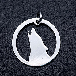 Stainless Steel Color 201 Stainless Steel Pendants, Howling Wolf Pendants, with Unsoldered Jump Rings, Flat Round with Wolf, Stainless Steel Color, 20x1mm, Hole: 3mm, Jump Ring: 5x0.8mm