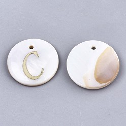 Letter C Natural Freshwater Shell Pendants, with Golden Plated Brass Etched Metal Embellishments, Flat Round with Letter, Letter.C, 15x2mm, Hole: 1.2mm