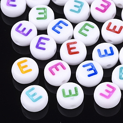 Letter E Initial Acrylic Beads, Horizontal Hole, Flat Round, Mixed Color, Letter.E, 7x3.5~4mm, Hole: 1.2mm, about 3700pcs/500g