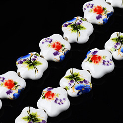 Red Handmade Porcelain Ceramic Beads Strands, Flower Printed, Flower, Red, 14x15x6mm, Hole: 1.8mm, about 23pcs/strand, 12.4 inches(31.5cm)